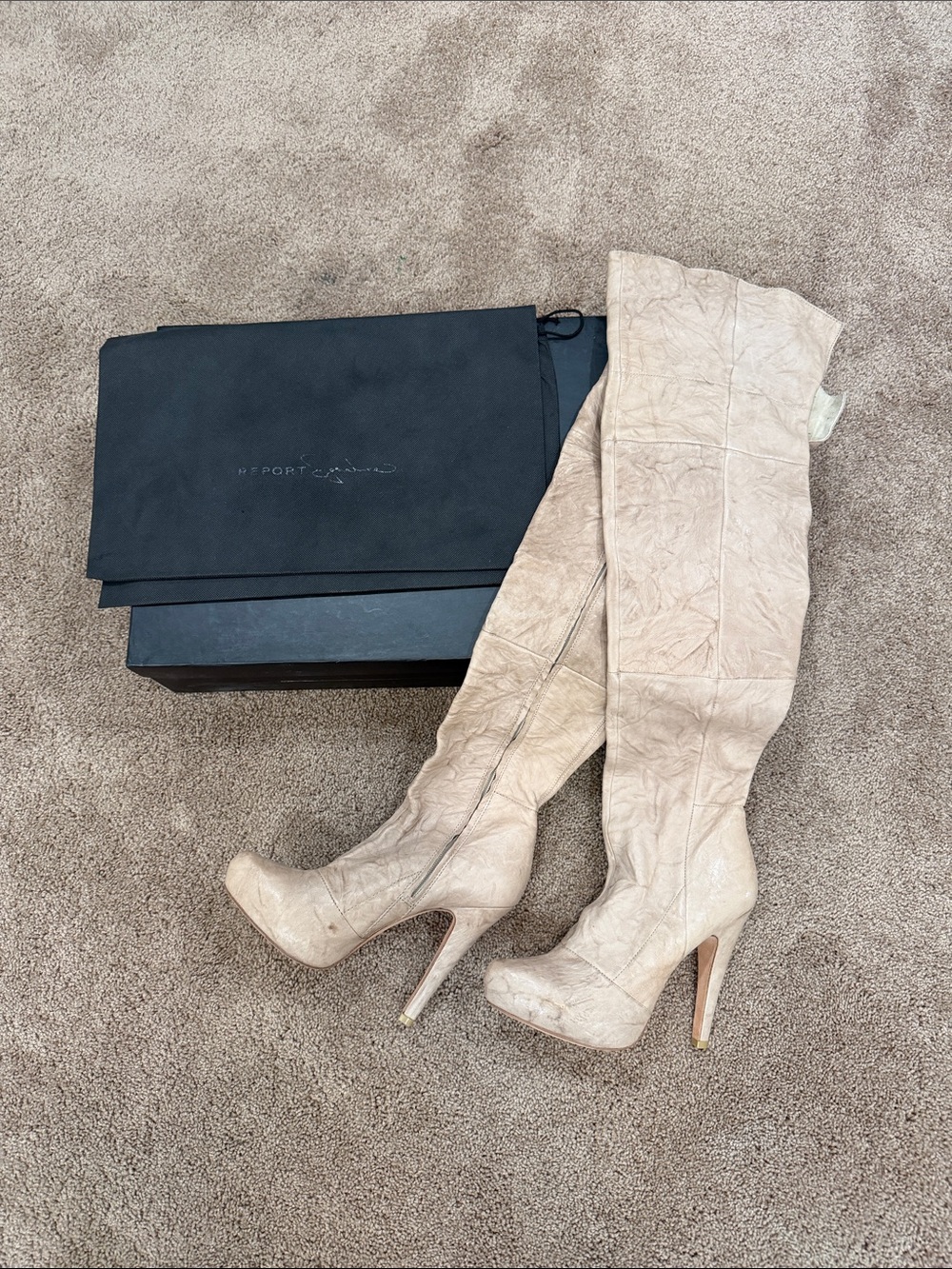 Report Signature Tall Beige Over-the-Knee Stiletto Boots